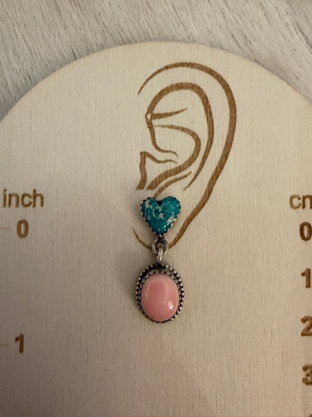 ❤️ Heart Shape White Water Turquoise & Queen Pink Conch Sterling Dangle Earrings - Picture 3 of 14
